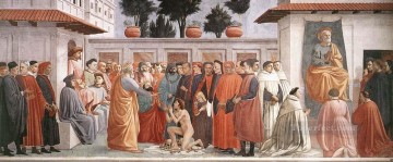  Quattrocento Oil Painting - Raising of the Son of Theophilus and St Peter Enthroned Christian Quattrocento Renaissance Masaccio